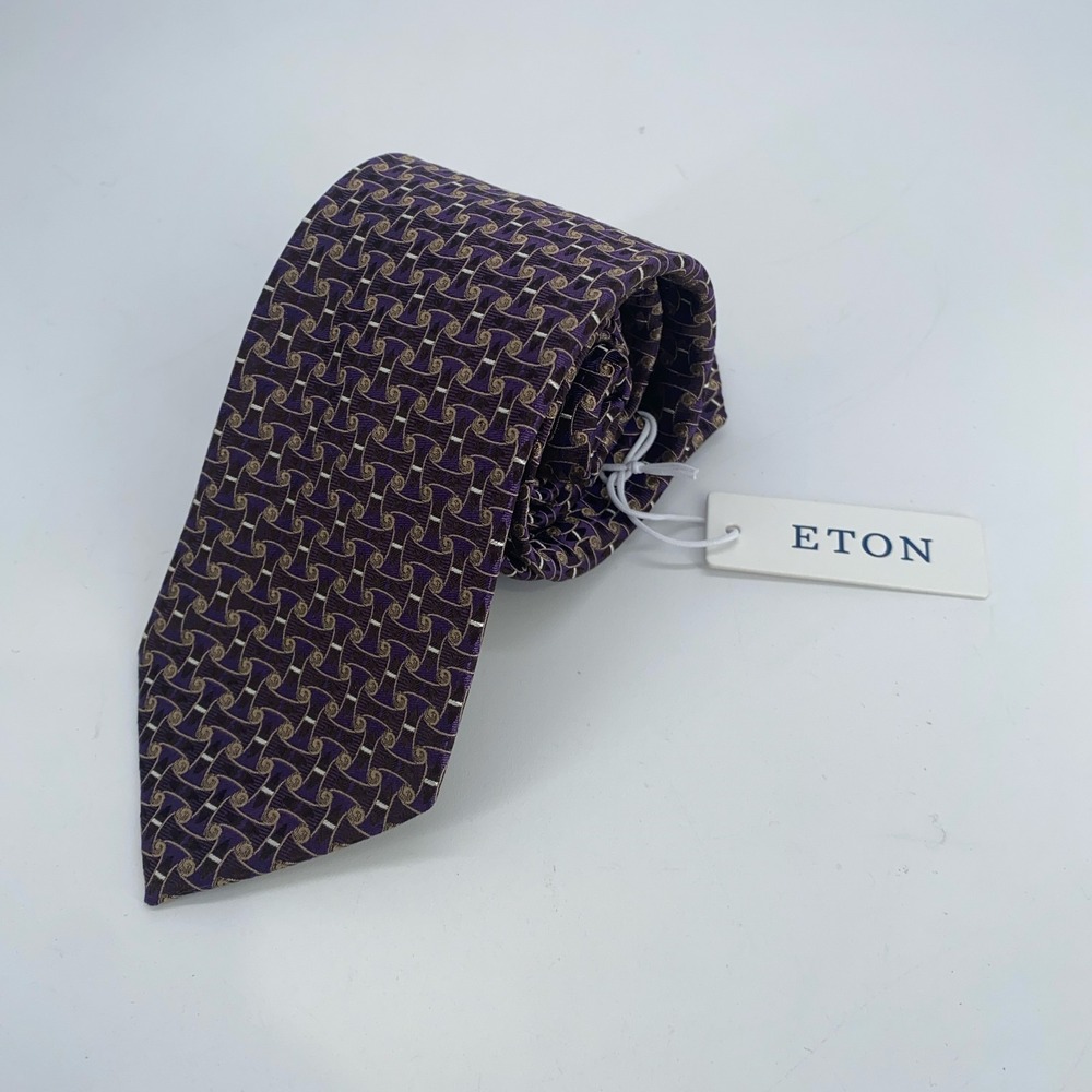 Eton Men Purple Geometric Patterned Silk Classic Fit Necktie Made in Italy NWT
